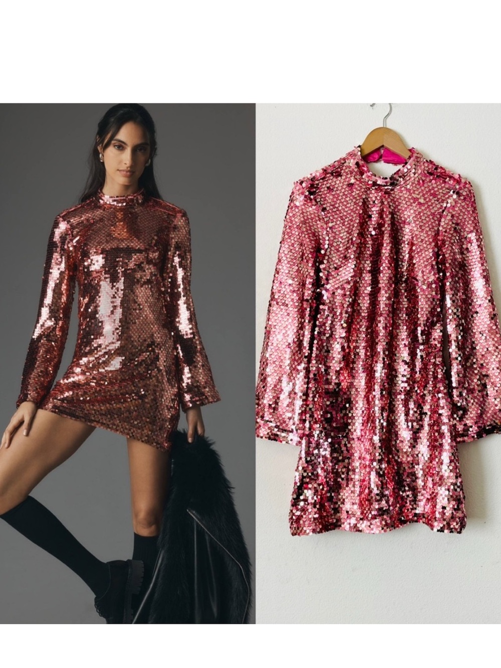Anthropologie Maeve Pink Long-Sleeve Mock-Neck Sequin Mini Dress Era Tour Size L